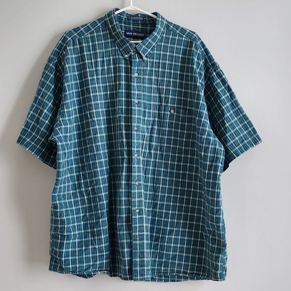 Van Heusen Plaid Button Down Mens XXL Green Short Sleeve Cotton Casual Tartan